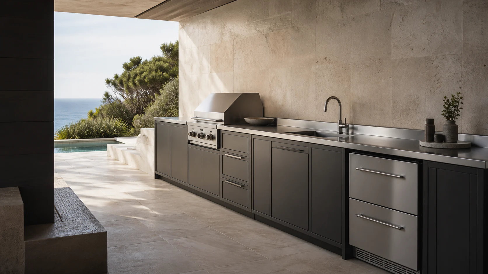Outdoor stainless-steel kitchen suited to a coastal villa setting