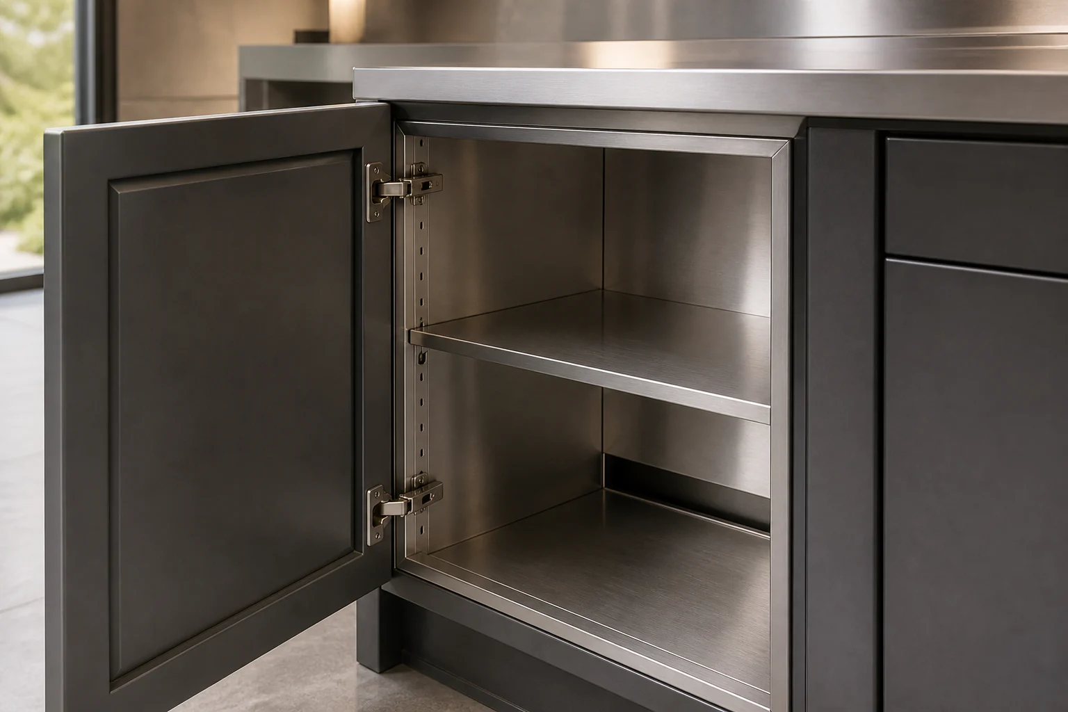 Close-up of a stainless-steel cabinet opening and internal shelf