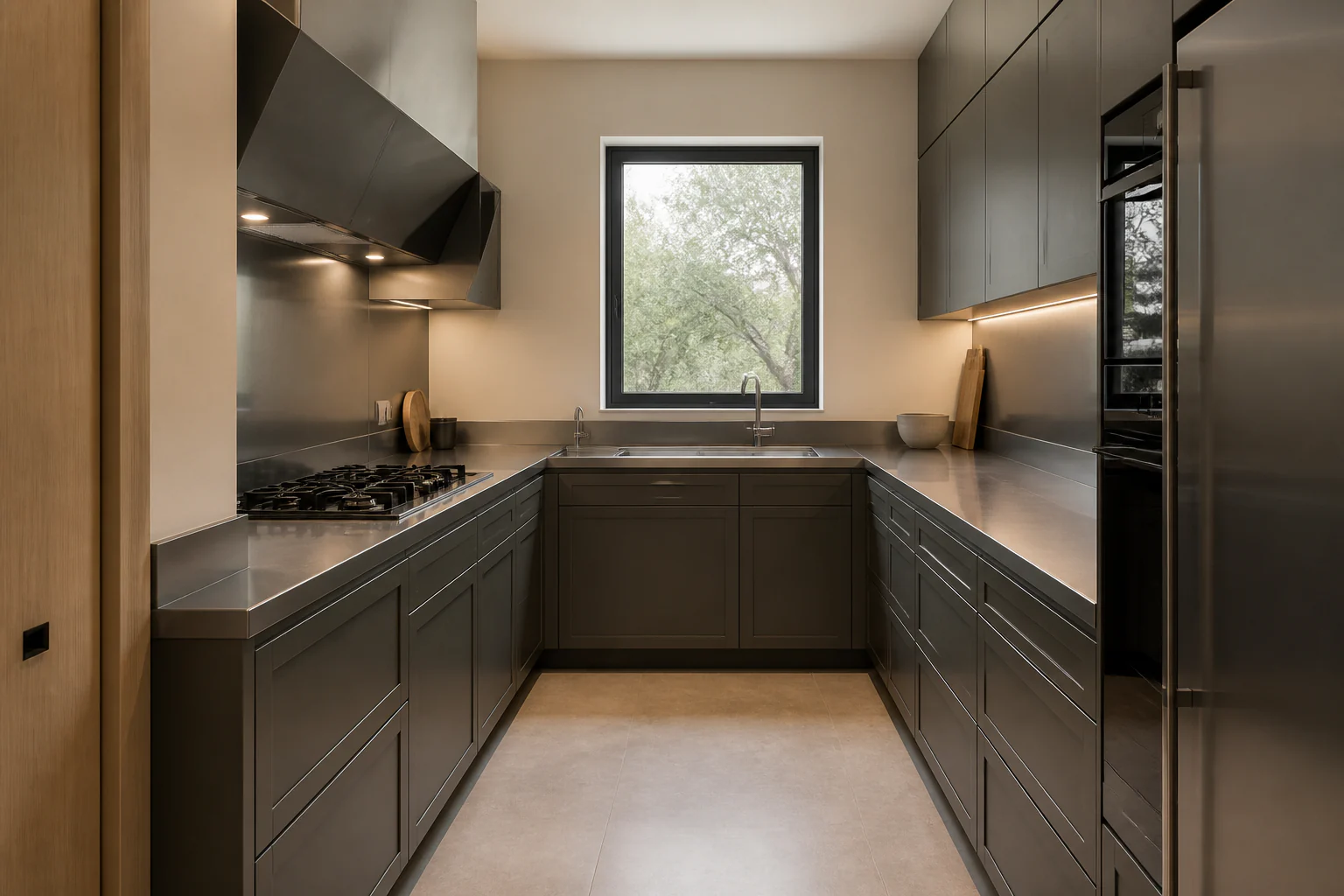 Wet kitchen with stainless-steel work surfaces