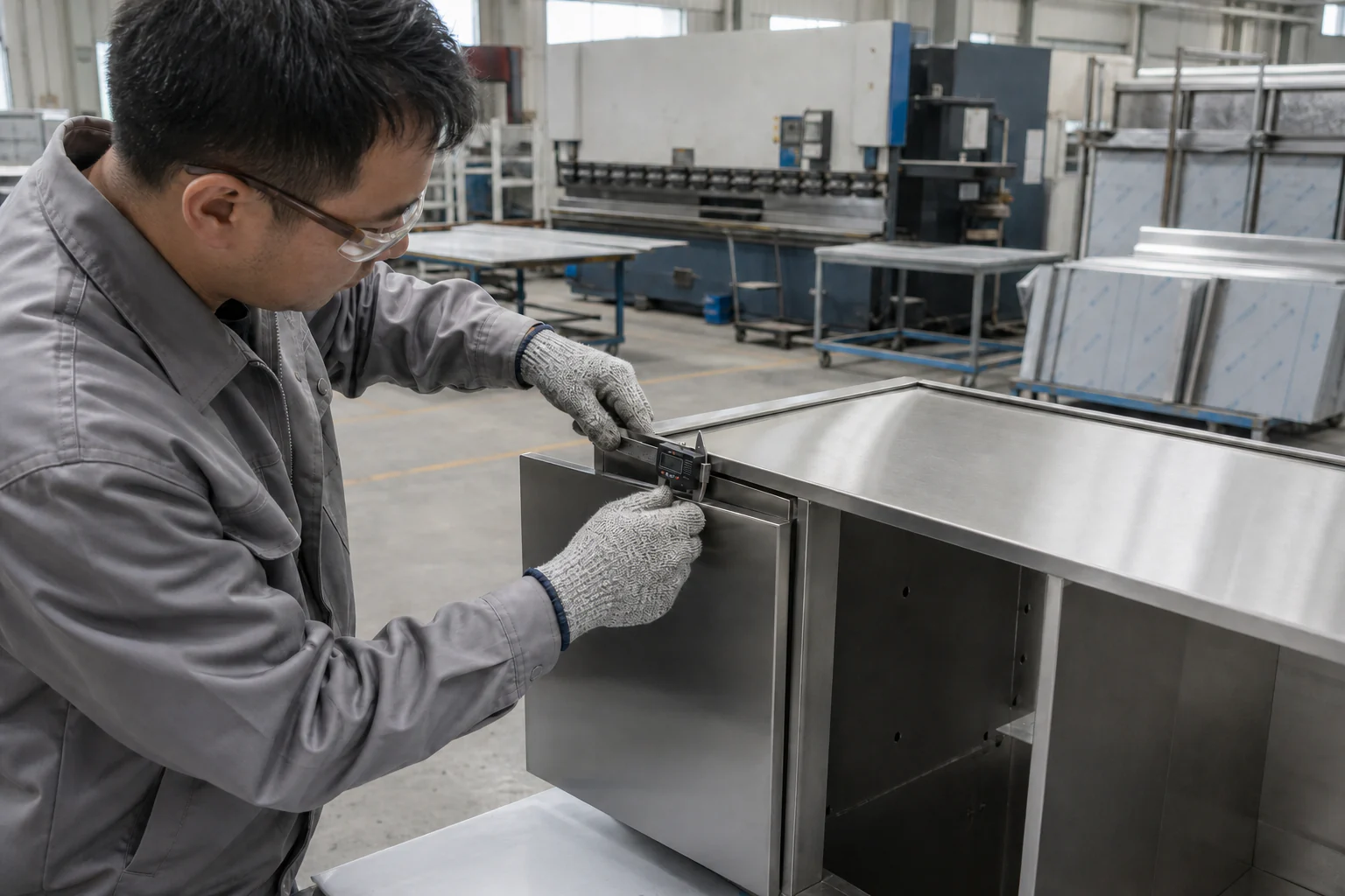 Illustrative inspection of stainless-steel cabinet dimensions during production