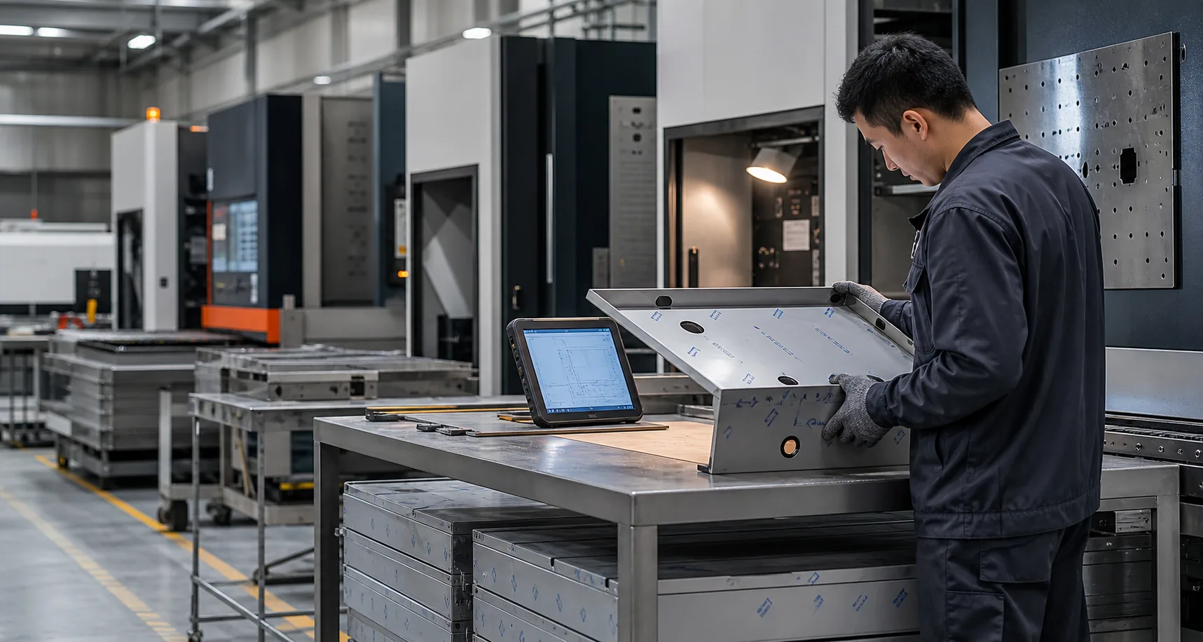 Illustrative stainless-steel production and quality review scene