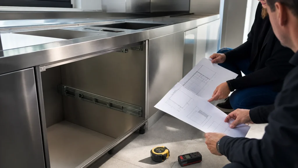 Project team reviewing cabinet drawings during a stainless-steel kitchen installation