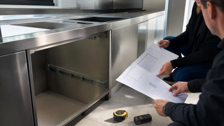 Project team reviewing cabinet drawings during a stainless-steel kitchen installation