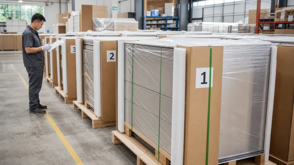 Numbered protective packages for custom stainless-steel kitchen cabinets in a warehouse
