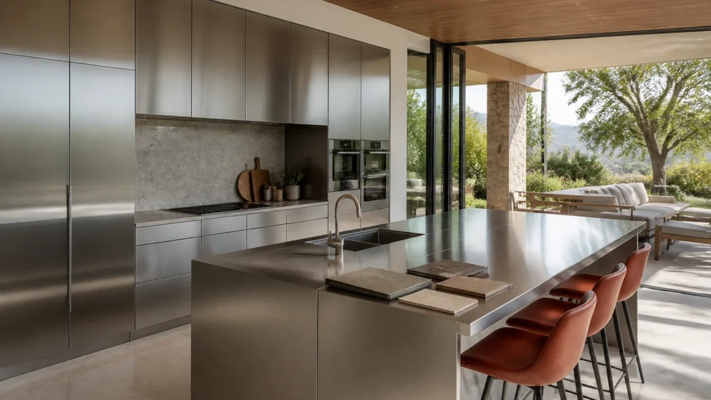 Premium villa kitchen with stainless-steel cabinetry, warm timber and stone finishes