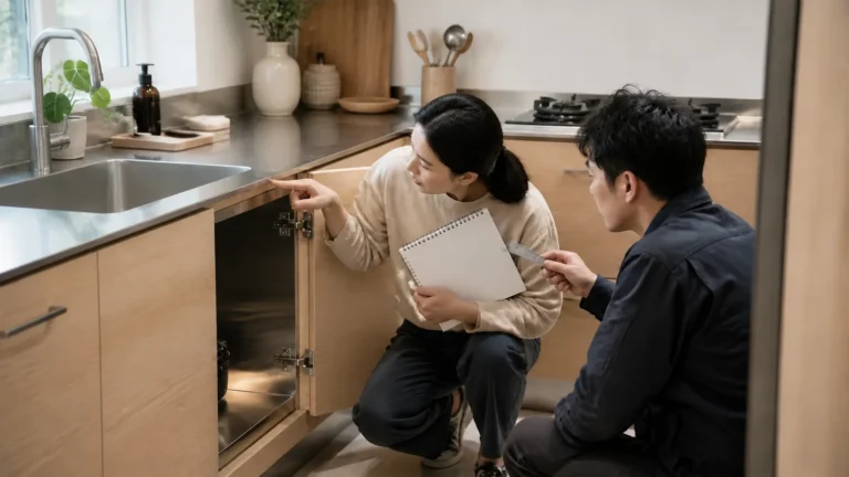 Designer and contractor inspecting a thin stainless-steel worktop edge and an open wood-front residential cabinet