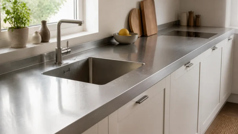 White residential cabinet fronts with a continuous brushed stainless-steel worktop and integrated sink showing light water spotting