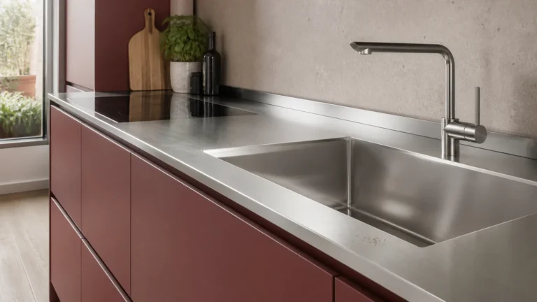 Burgundy residential cabinet fronts below a stainless-steel worktop and integrated sink with a few small rust-coloured surface spots
