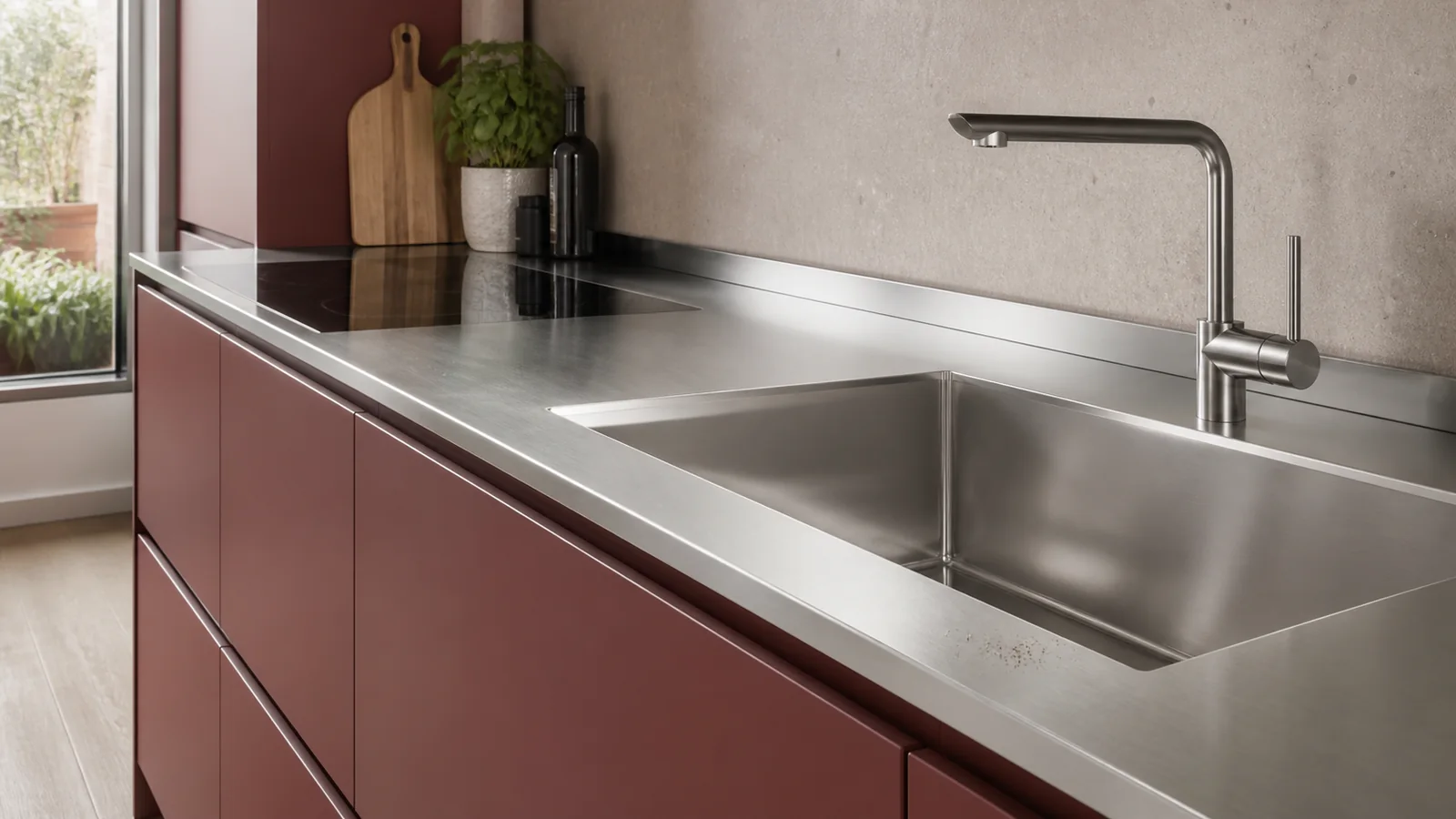 Burgundy residential cabinet fronts below a stainless-steel worktop and integrated sink with a few small rust-coloured surface spots