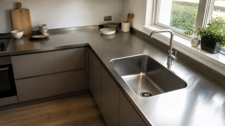 Compact grey residential kitchen with a continuous stainless-steel worktop and integrated sink designed around the drain