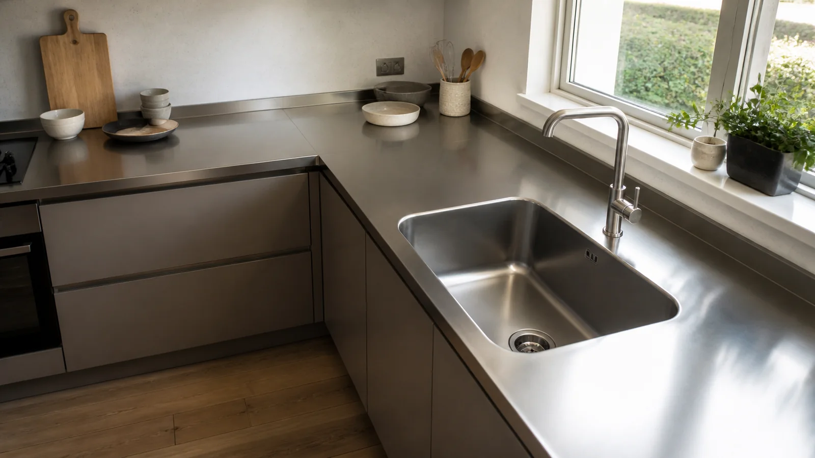 Compact grey residential kitchen with a continuous stainless-steel worktop and integrated sink designed around the drain