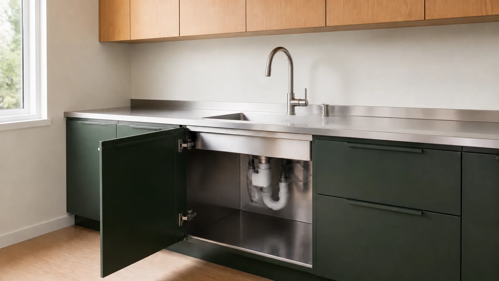 Green residential cabinet door open below an integrated stainless-steel sink to reveal a clean stainless inner carcass and accessible plumbing