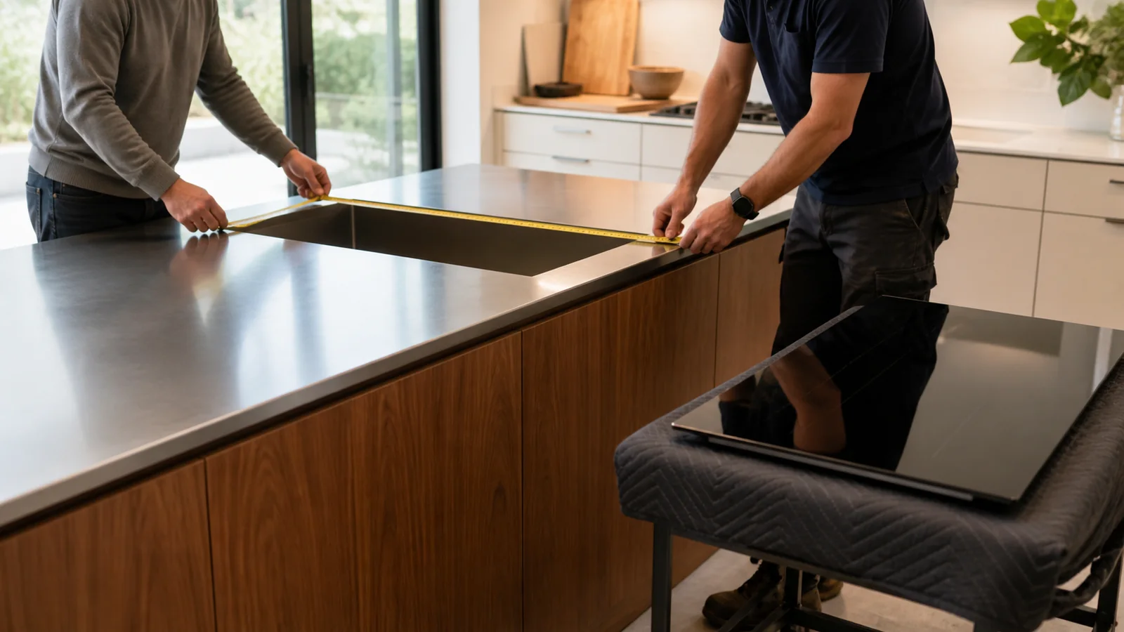 Designer and installer measuring one cooktop opening in a stainless-steel island worktop above walnut residential fronts