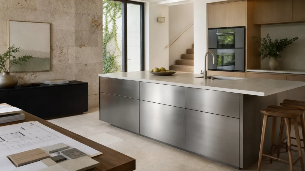 Residential villa kitchen with a stainless-steel island, stone worktop, appliance wall and planning materials