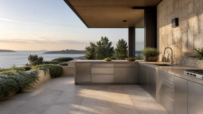 Refined stainless-steel outdoor kitchen beneath a covered coastal villa terrace overlooking the sea