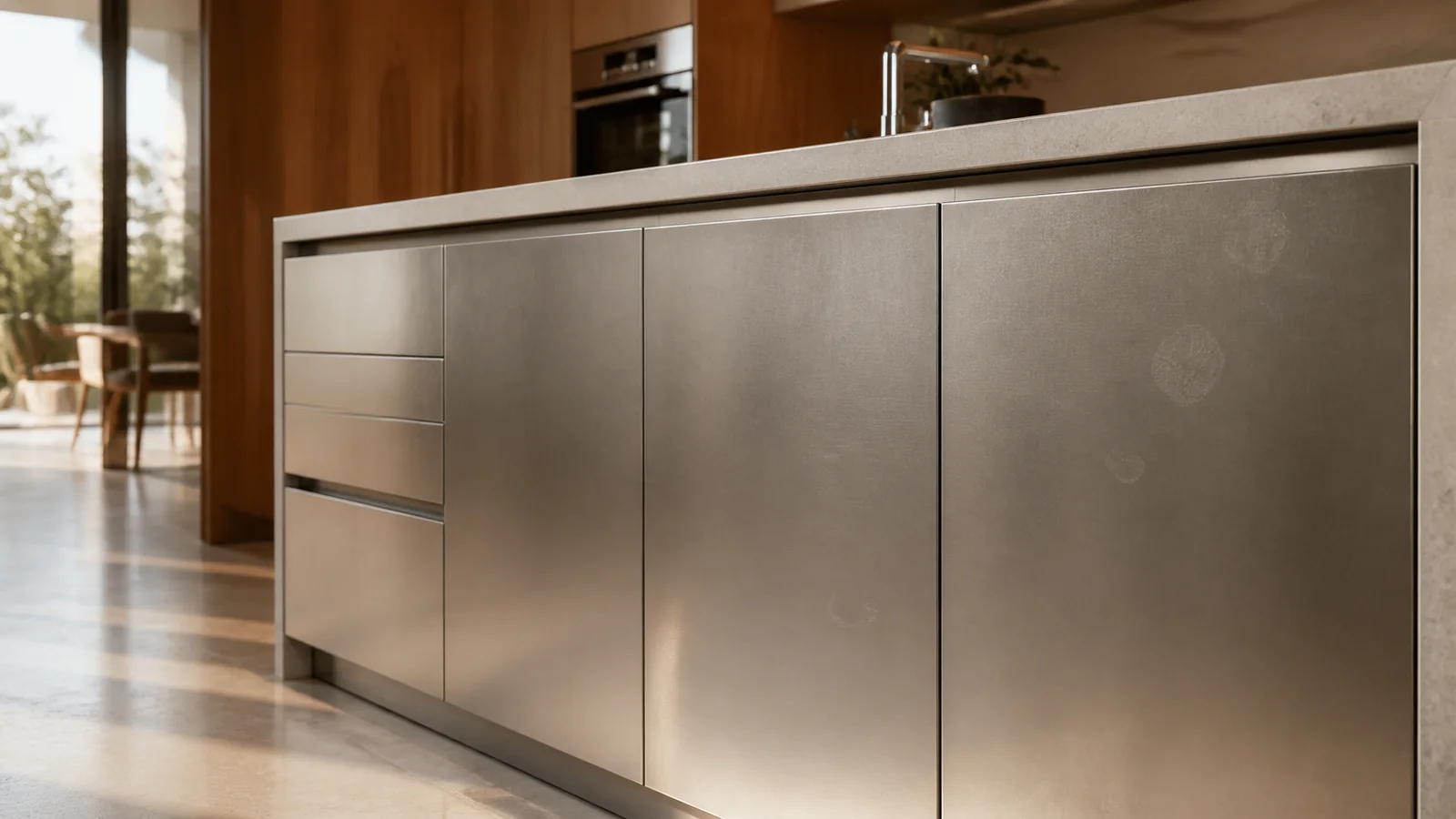 Warm residential stainless-steel kitchen cabinet fronts with subtle everyday fingerprints