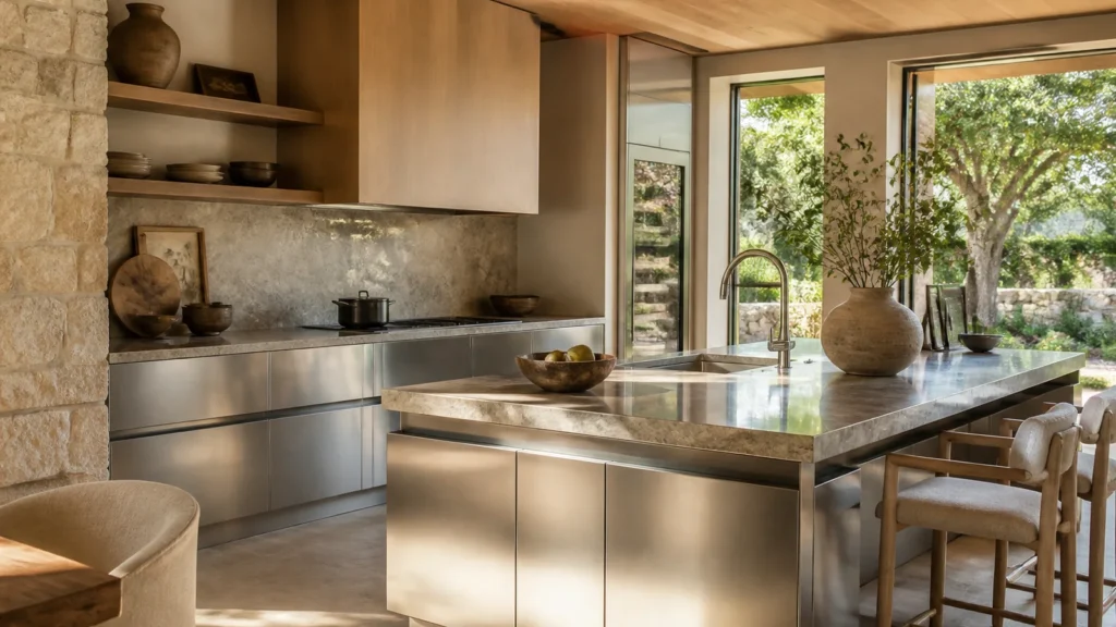 Warm villa kitchen combining stainless-steel cabinets with natural wood and stone