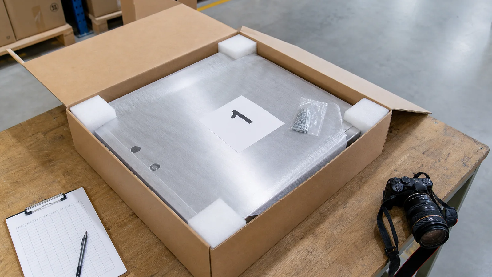 Receiving inspection of an opened stainless-steel cabinet package with corner protection and hardware bag