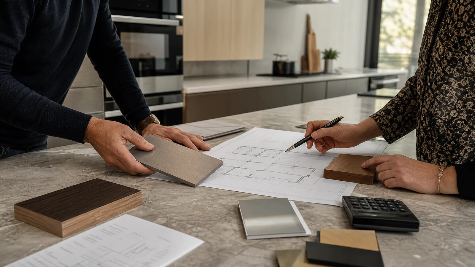 Project team comparing stainless steel, wood and finish samples over kitchen drawings and a calculator