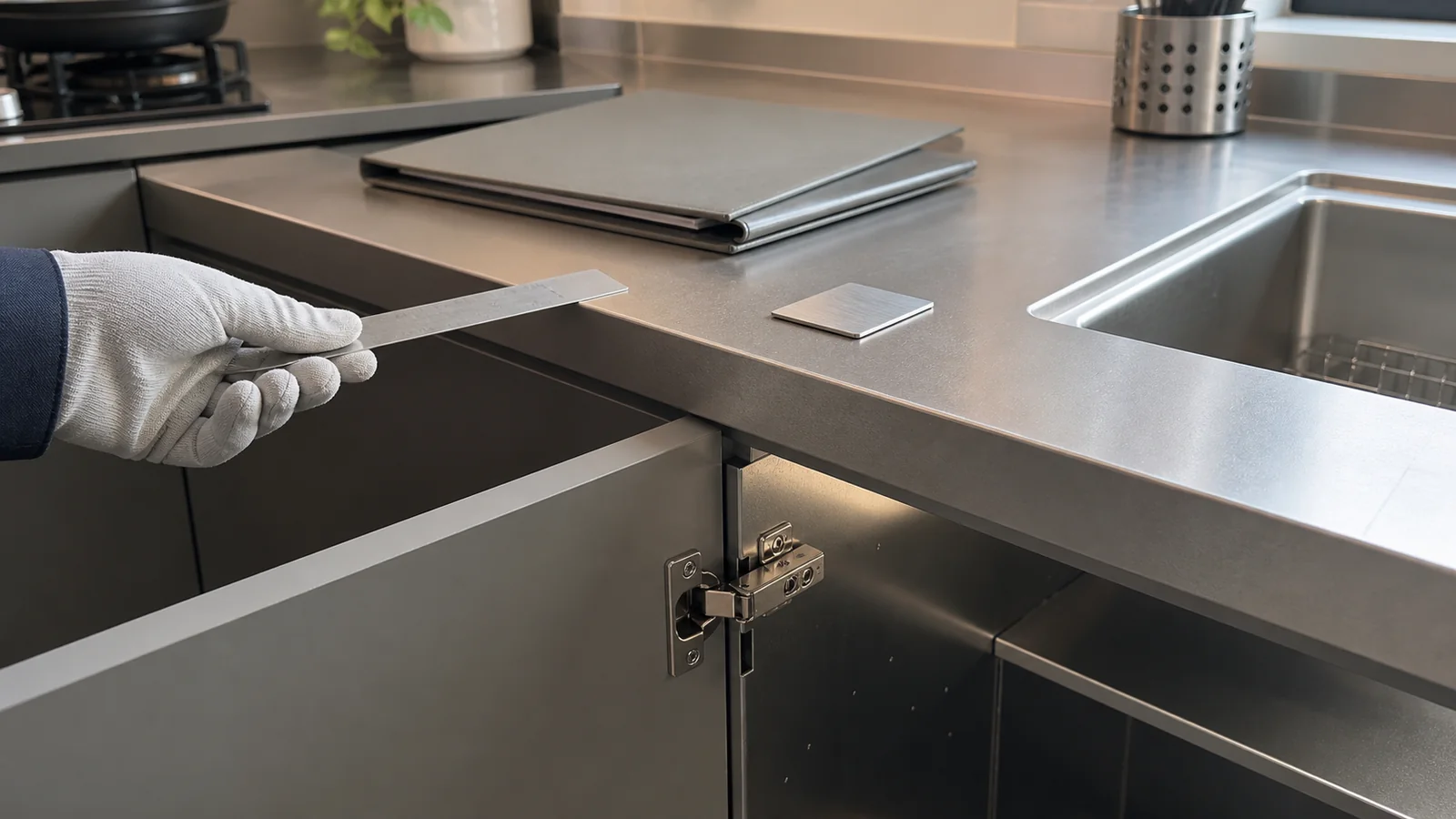 Close inspection of a stainless-steel worktop edge, sink junction, grey front, concealed hinge and inner cabinet