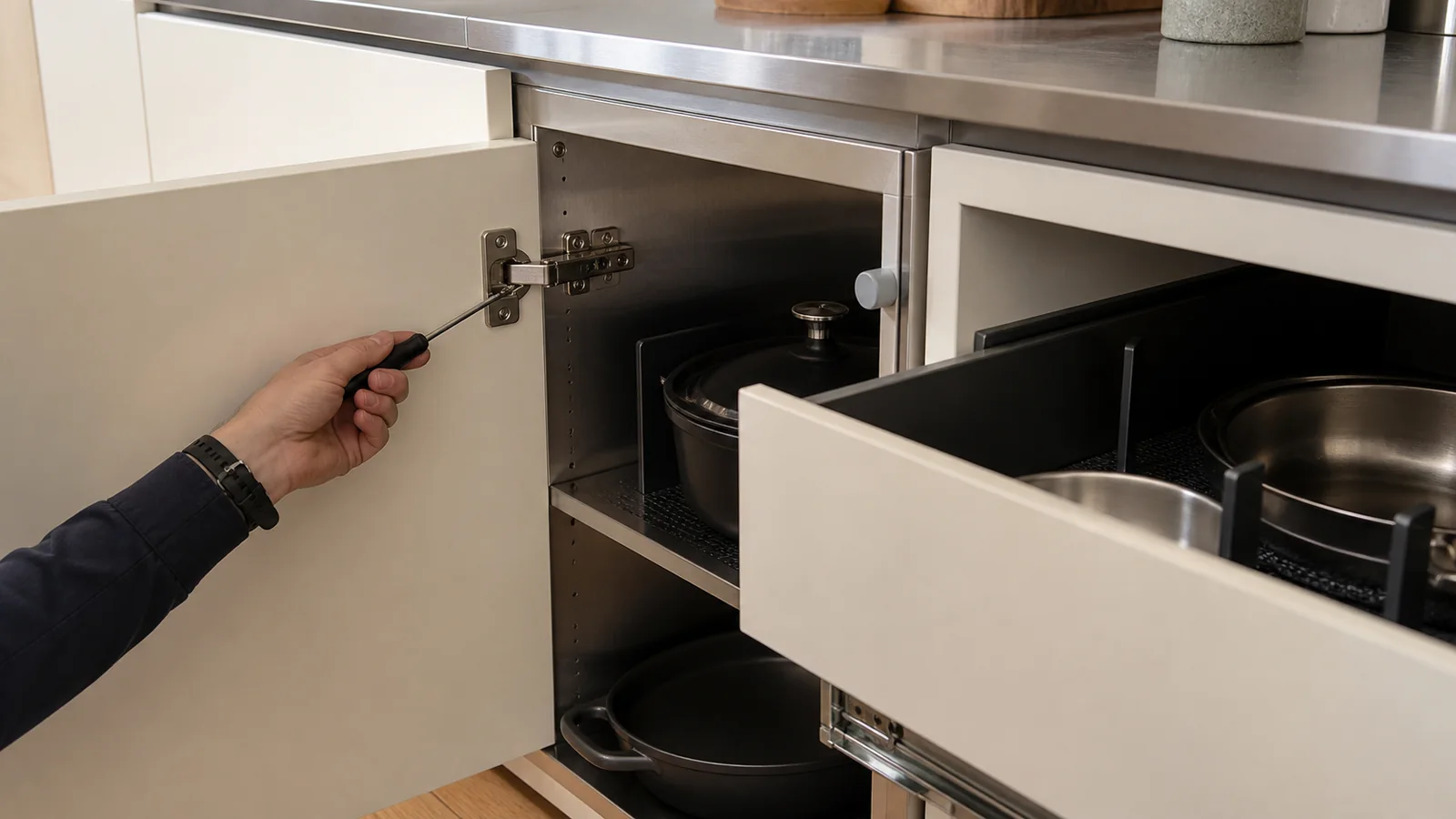 Open ivory cabinet and drawer showing a hinge, runner, bumper and separated cookware beneath a stainless-steel worktop