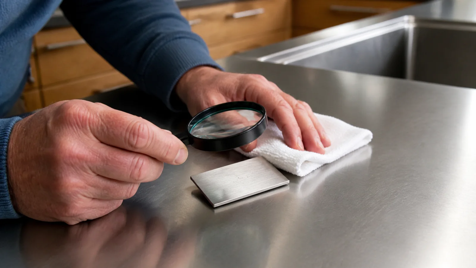 Inspector examining tiny brown marks on a stainless-steel sample coupon beside a residential worktop