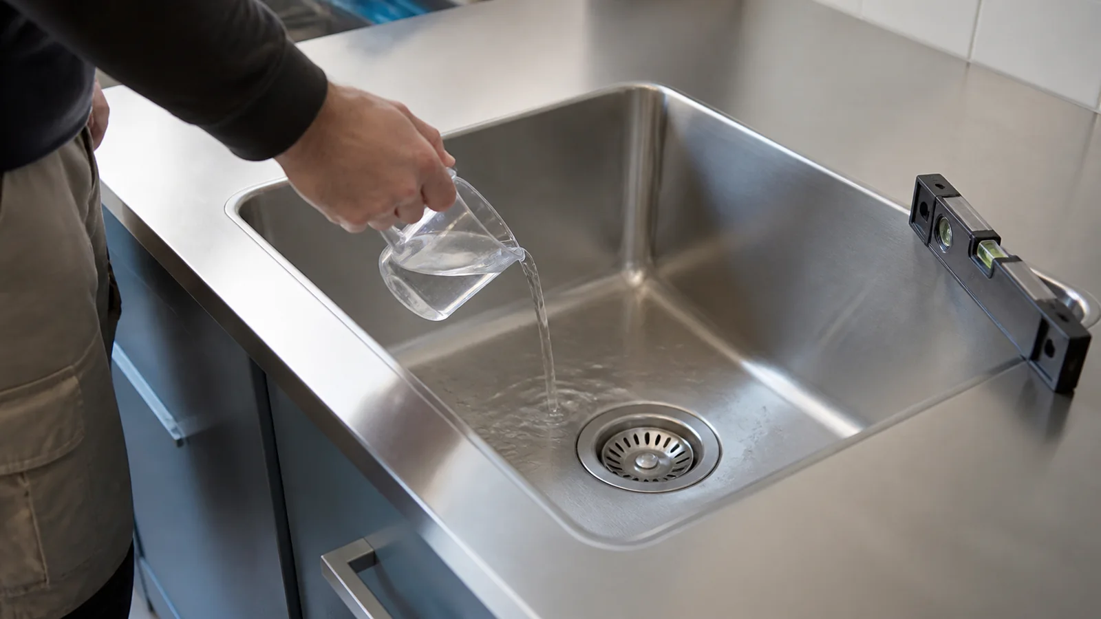 Installer pouring clear water into an integrated stainless-steel sink during a drainage handover test