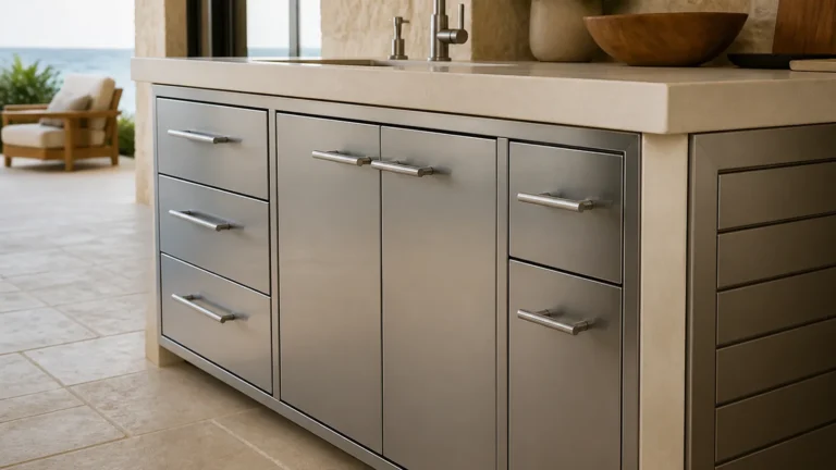 Residential stainless-steel cabinet fronts and stone worktop on a covered outdoor kitchen terrace