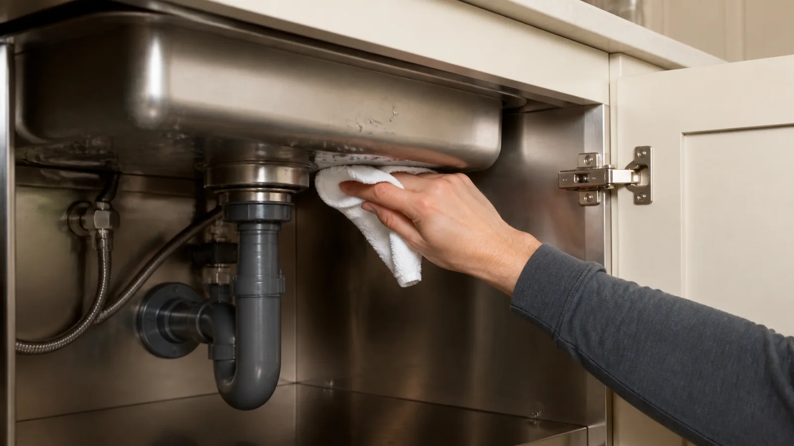 Technician wiping condensation droplets from the underside of an integrated stainless-steel sink inside a residential cabinet