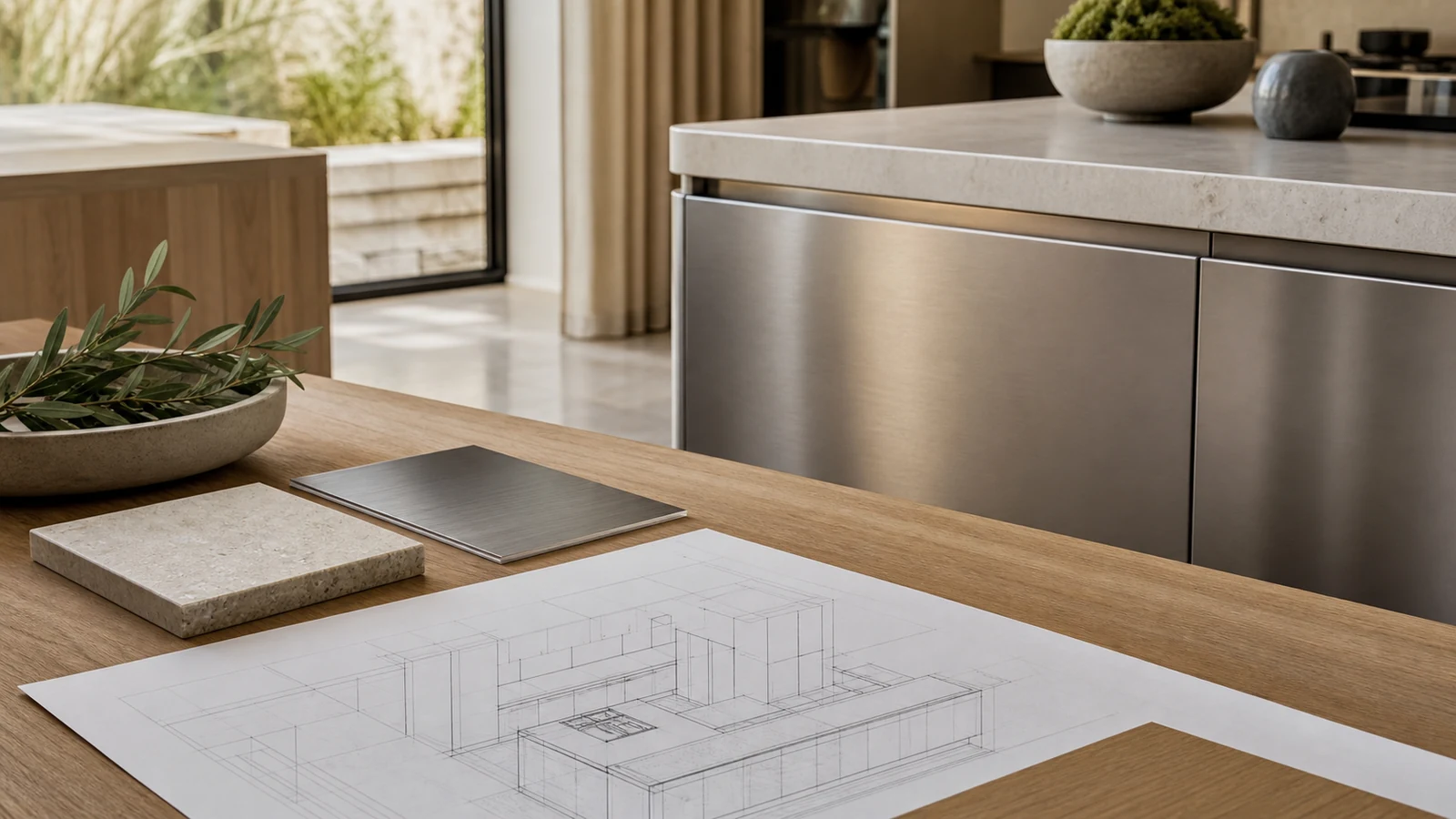 Residential kitchen planning table with a stainless-steel cabinet detail, stone sample and printed room plan