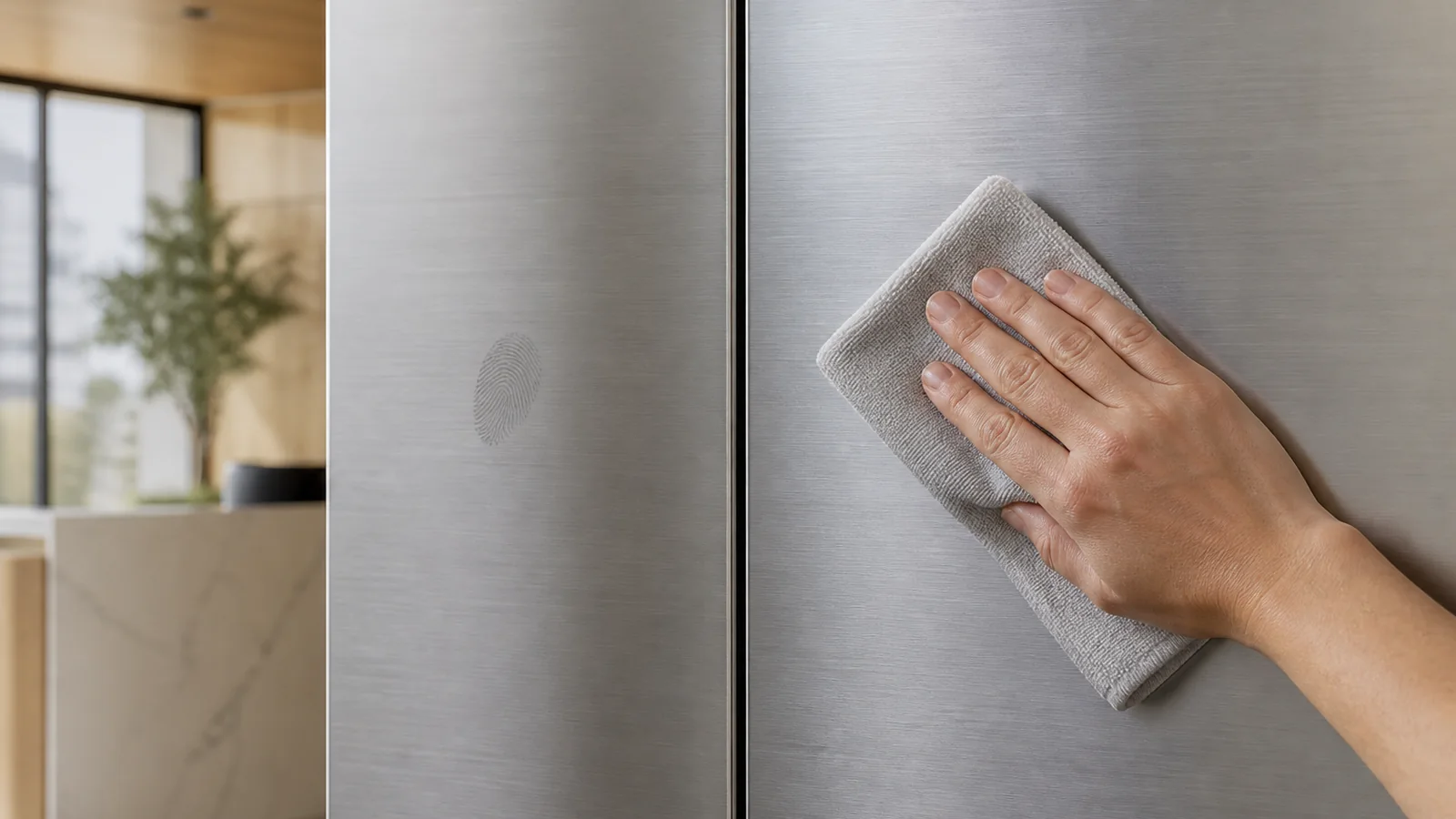 Microfiber cloth wiping a brushed stainless-steel cabinet front along the grain