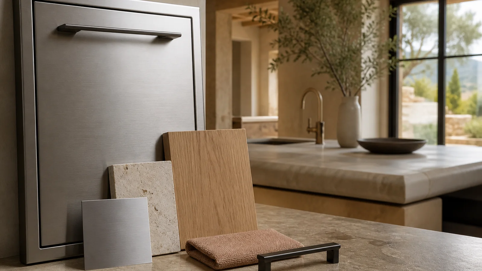 Residential material palette with stainless steel, oak, warm stone, dark hardware and textured fabric