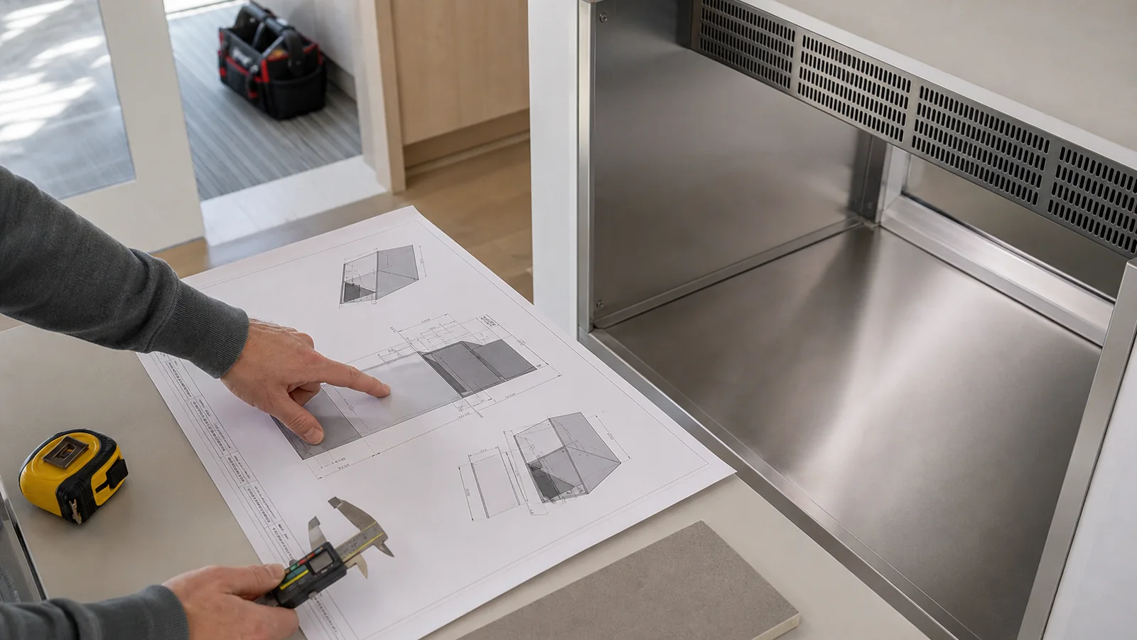Installer comparing appliance opening drawings with a stainless-steel cabinet and measurement tools