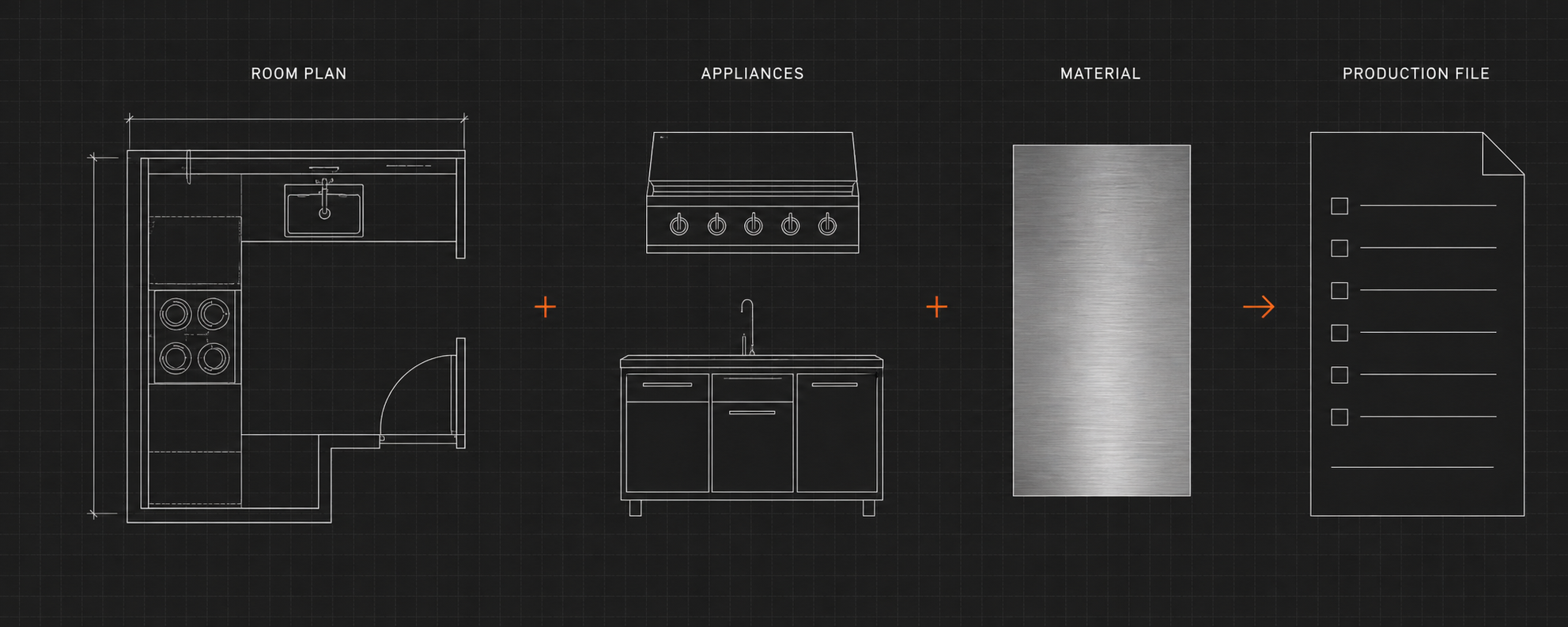 Concept CAD linework connecting room plan, appliances, material and production file