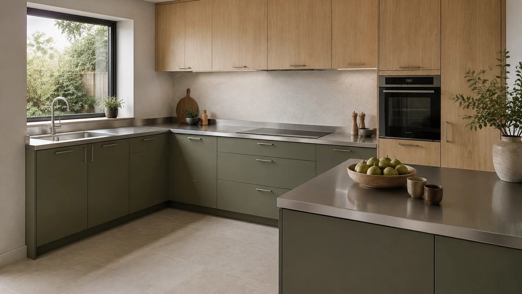 Residential L-shaped kitchen with olive-grey fronts, oak cabinets and a brushed stainless-steel worktop