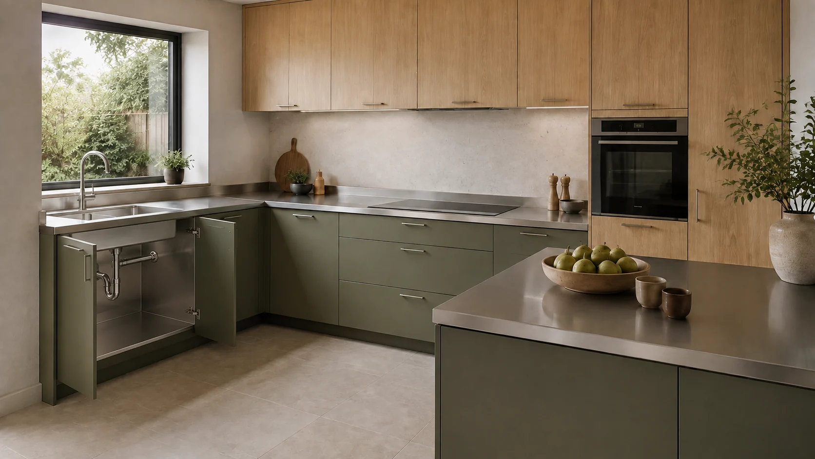 Same illustrative residential kitchen with sink cabinet doors open to show a stainless-steel interior