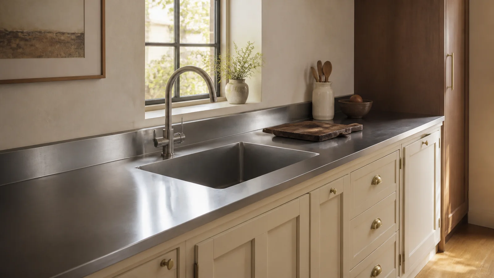 Residential sink run with cream cabinet fronts and a continuous stainless-steel worktop turning up into a low integrated backsplash