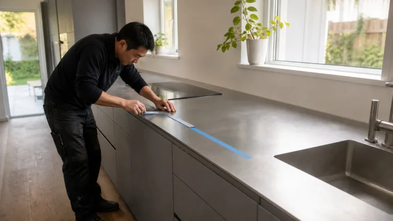 Long L-shaped residential stainless-steel worktop over grey cabinet fronts with an installer marking an engineered seam away from sink and cooktop
