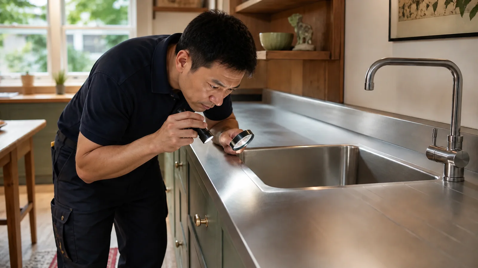 Residential kitchen with green fronts and a continuous stainless-steel worktop as a specialist inspects the integrated sink bowl