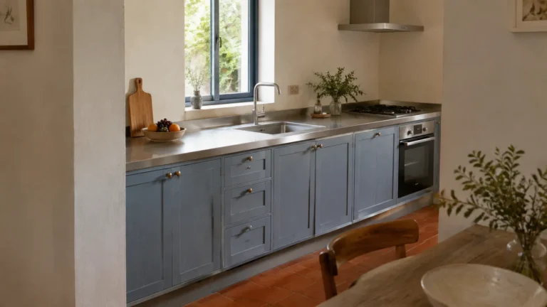 Pale blue residential cabinets beneath a stainless-steel worktop.