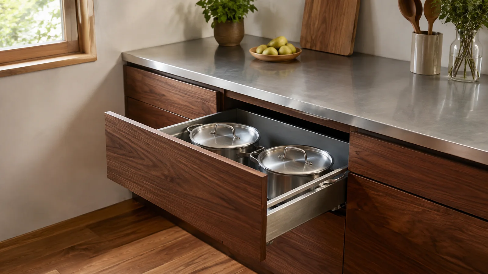 Open walnut-fronted drawer holding cookware beneath a stainless worktop.