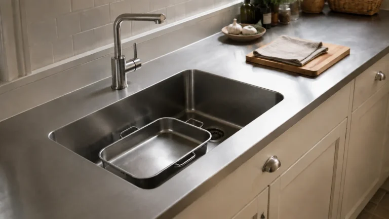Roasting tray inside a stainless bowl with preparation space alongside.