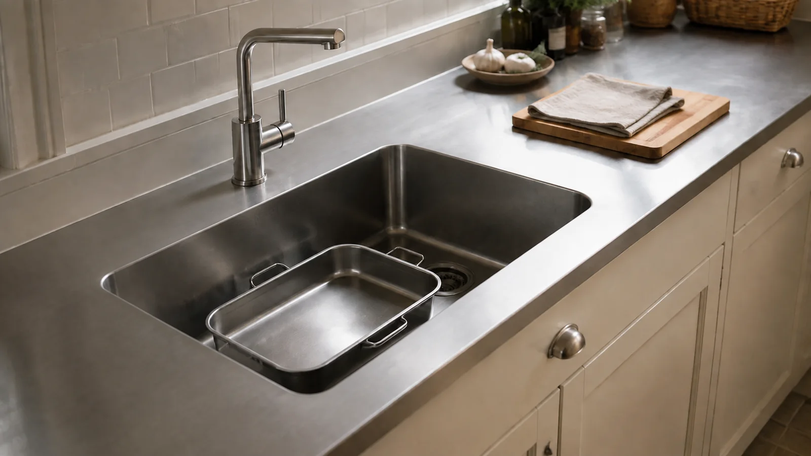 Roasting tray inside a stainless bowl with preparation space alongside.