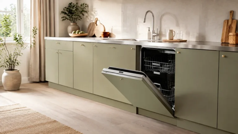 Partly open integrated dishwasher beside domestic cabinets under a stainless worktop.
