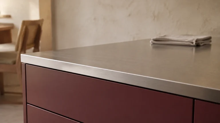 Stainless worktop edge above muted burgundy residential drawer fronts.