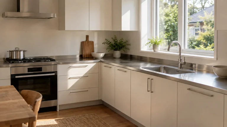 Cream-front residential kitchen with a stainless-steel worktop and rectangular sink.