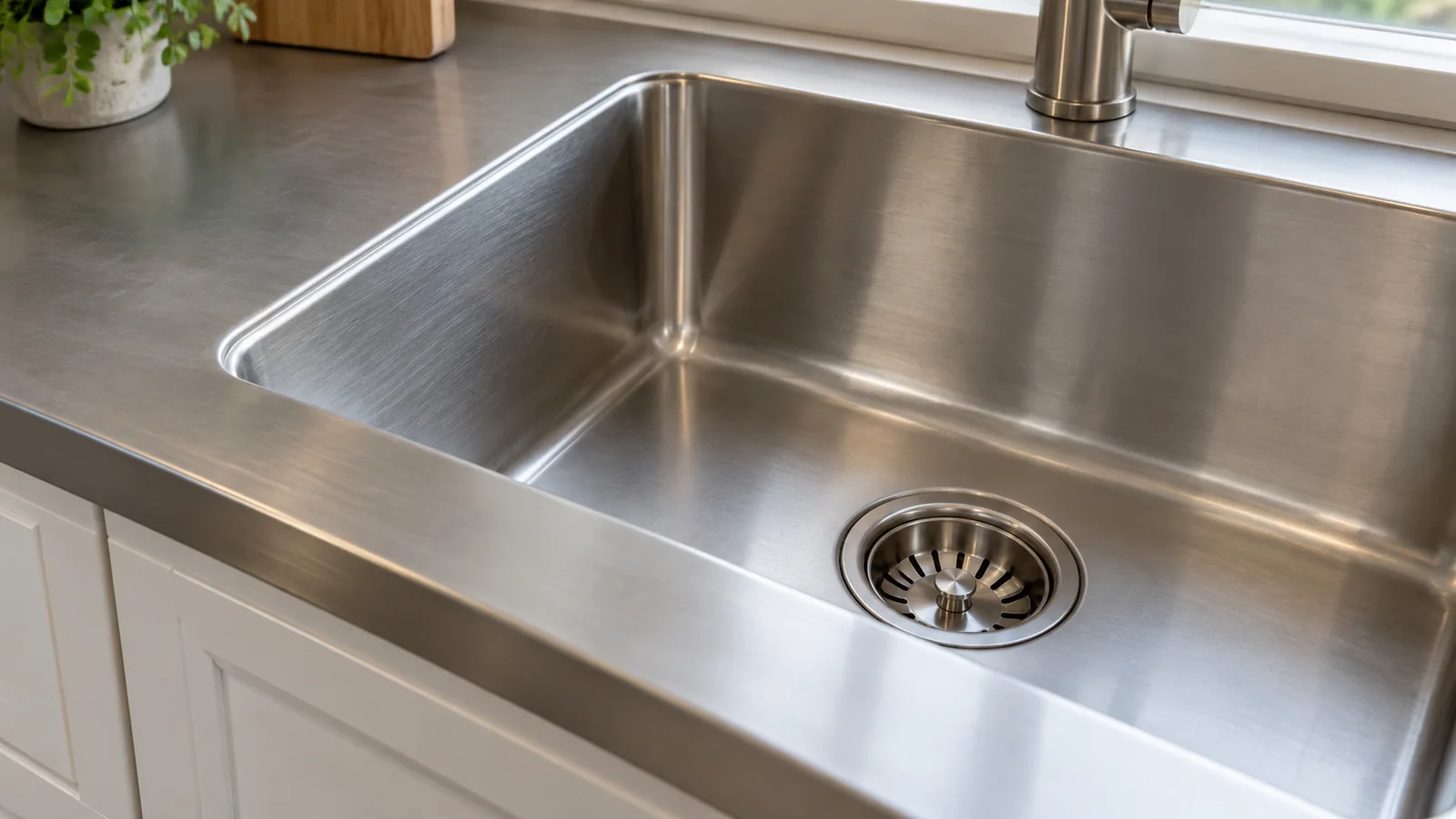 Small rounded internal corner of a stainless-steel sink above white residential cabinetry.