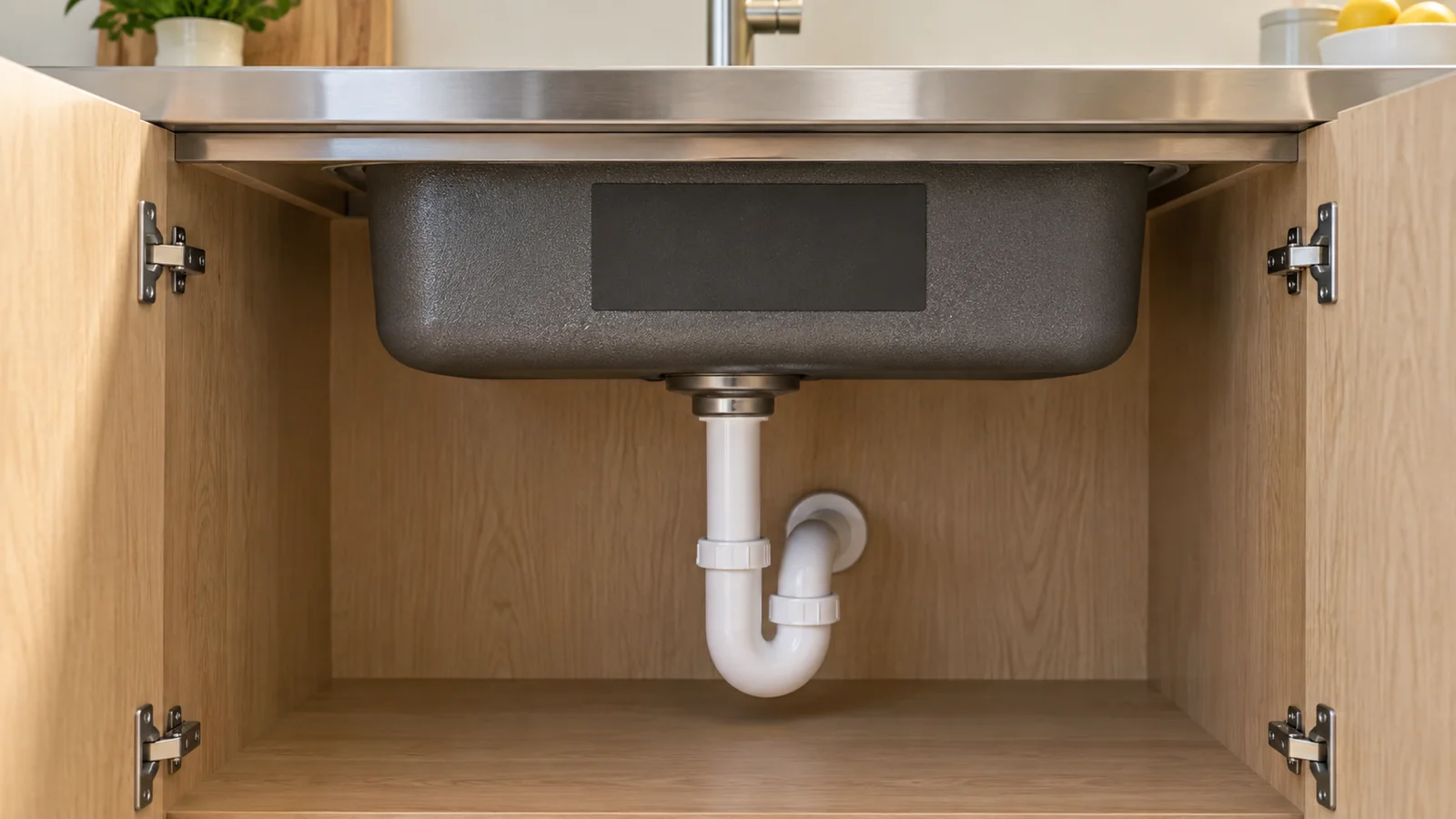 Open oak-front sink cabinet showing a dark coated bowl underside and a separate rectangular pad.