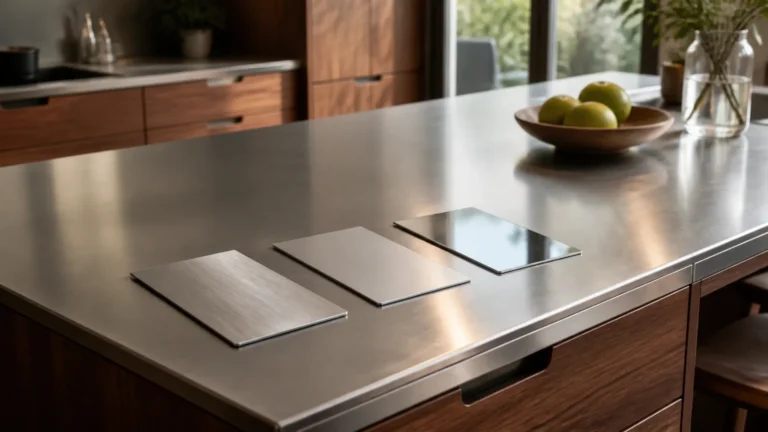 Walnut residential island with a stainless-steel worktop and three brushed satin and reflective stainless sample coupons under window light