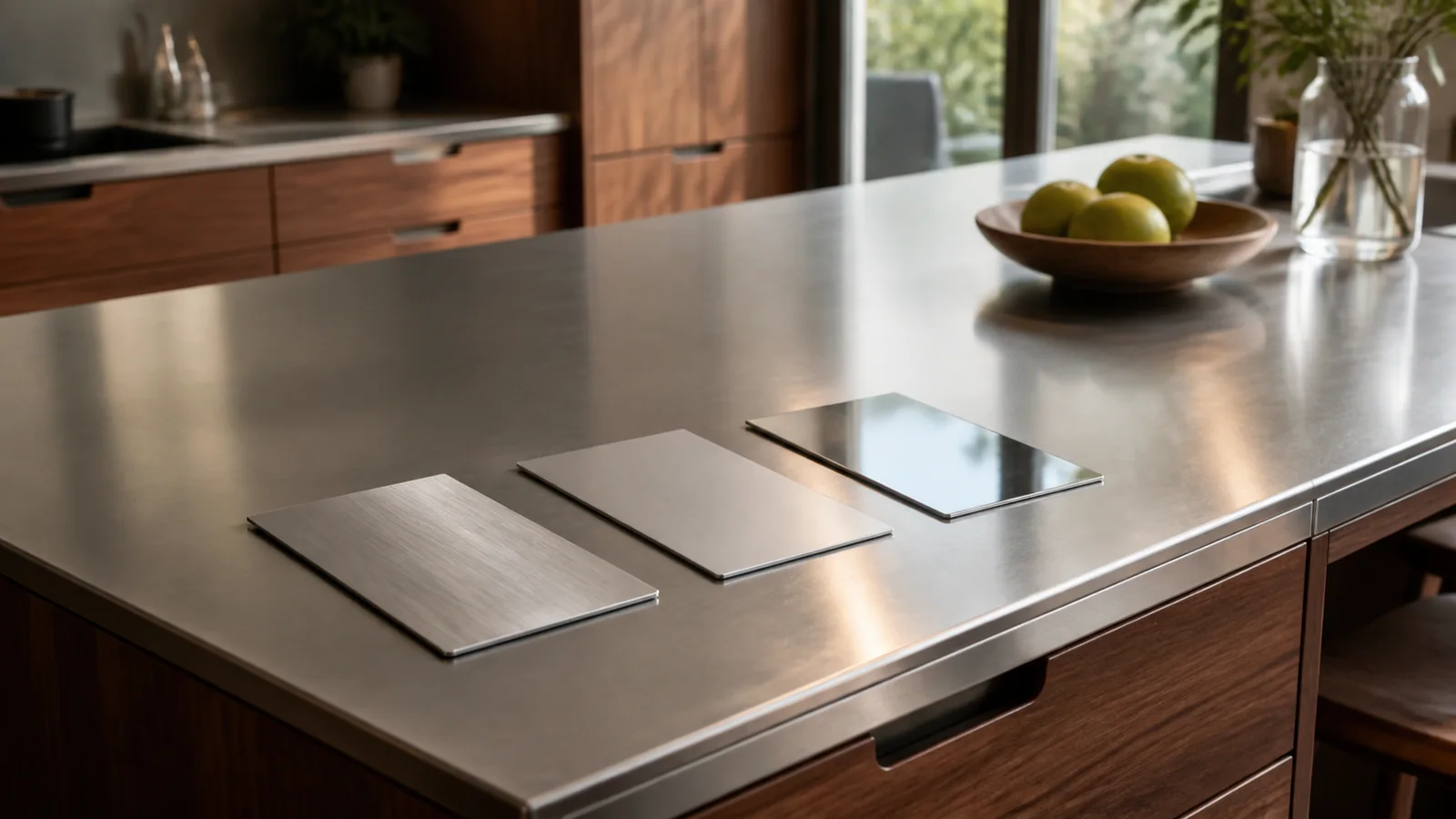Walnut residential island with a stainless-steel worktop and three brushed satin and reflective stainless sample coupons under window light